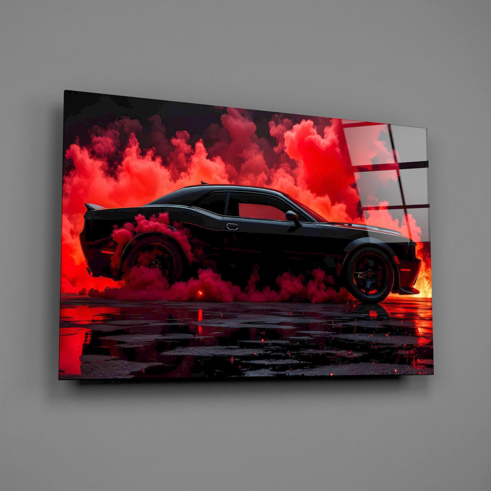 black muscle car in crimson smoke glass wall art angled to show the polished tempered glass panel
