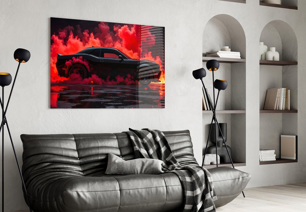 black muscle car in crimson smoke glass wall art styled above an armchair in a reading corner