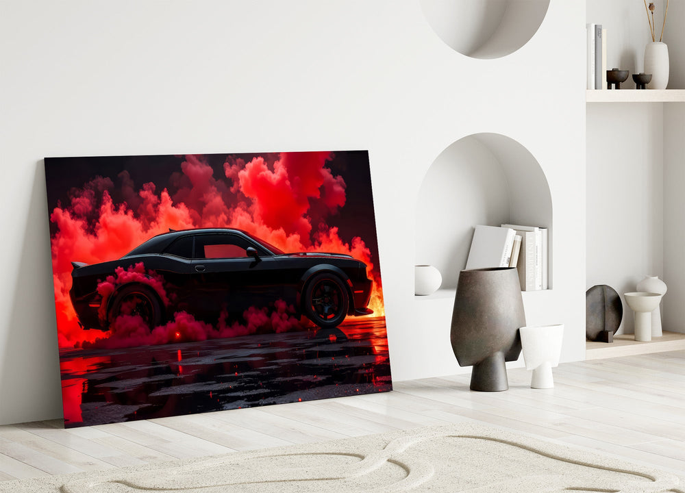 black muscle car in crimson smoke panel bringing character to a minimalist living room wall