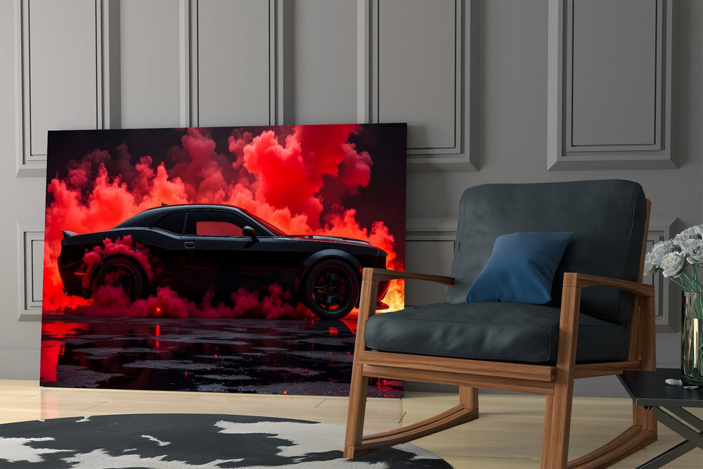 black muscle car in crimson smoke panel resting in a shelving niche in a modern interior