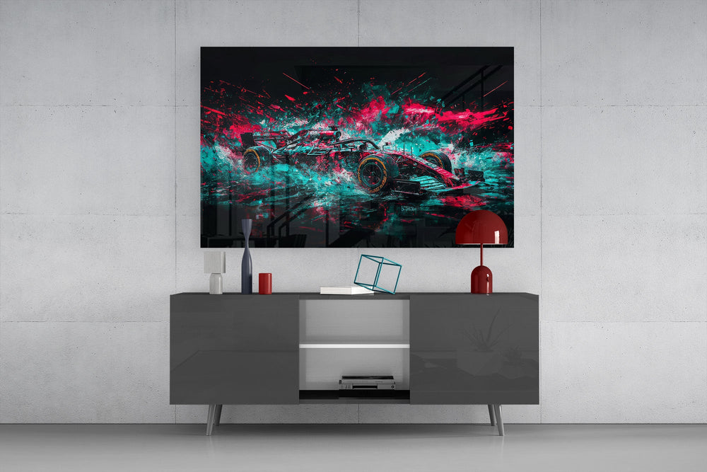 teal and pink open-wheel race car glass wall art styled in an atmospheric room setting