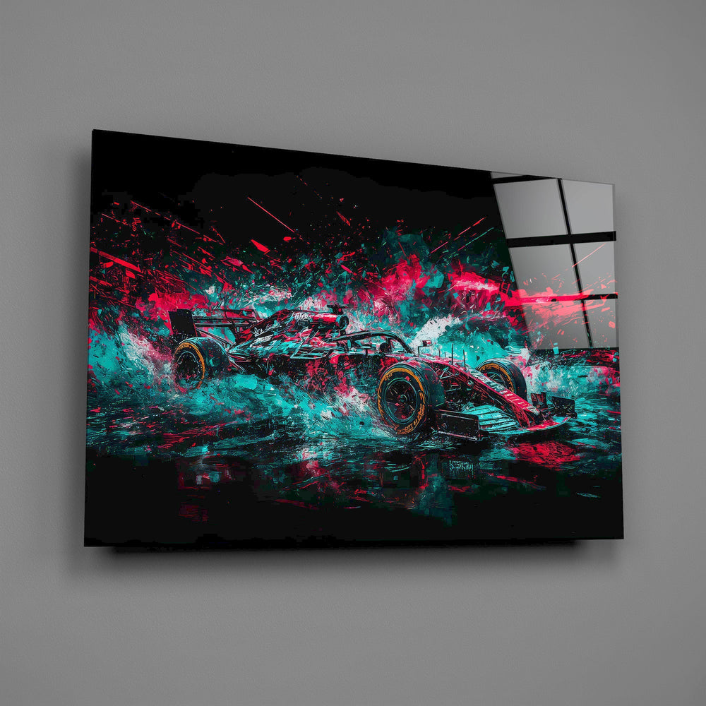 teal and pink open-wheel race car glass wall art angled to show the polished tempered glass panel