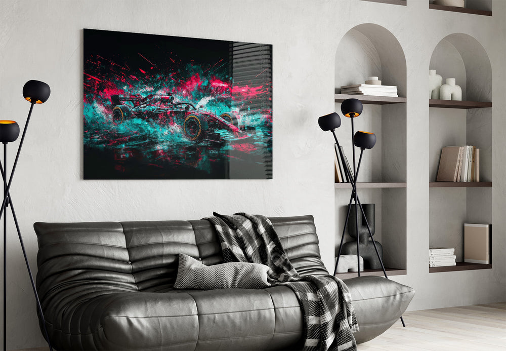 teal and pink open-wheel race car glass wall art styled above an armchair in a reading corner