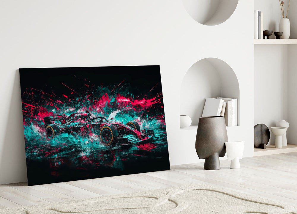 teal and pink open-wheel race car panel bringing character to a minimalist living room wall