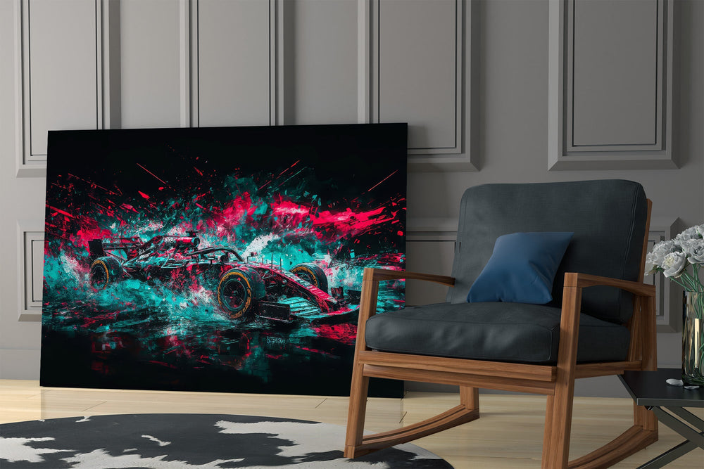 teal and pink open-wheel race car panel resting in a shelving niche in a modern interior