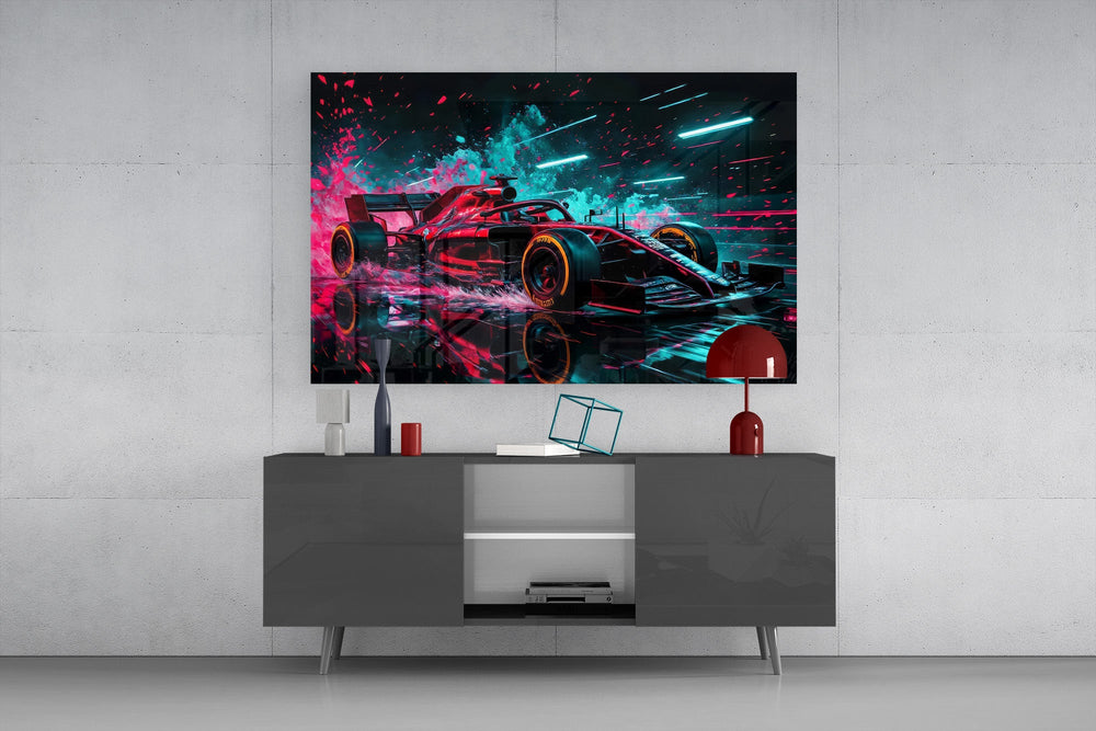 red open-wheel race car with cyan light streaks glass wall art styled in an atmospheric room setting