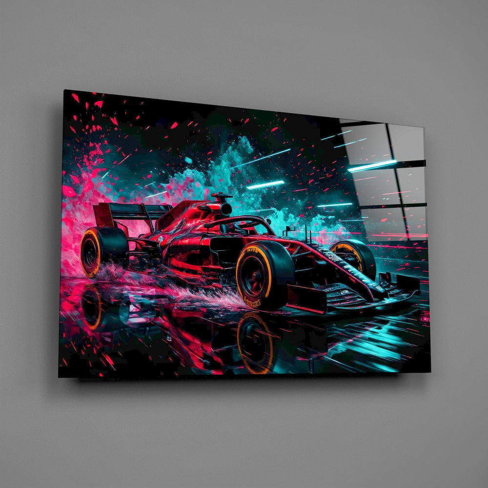 red open-wheel race car with cyan light streaks glass wall art angled to show the polished tempered glass panel