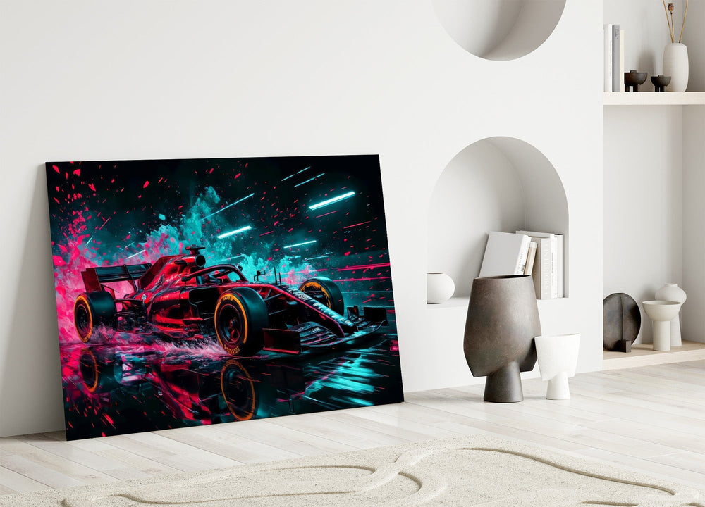 red open-wheel race car with cyan light streaks panel bringing character to a minimalist living room wall