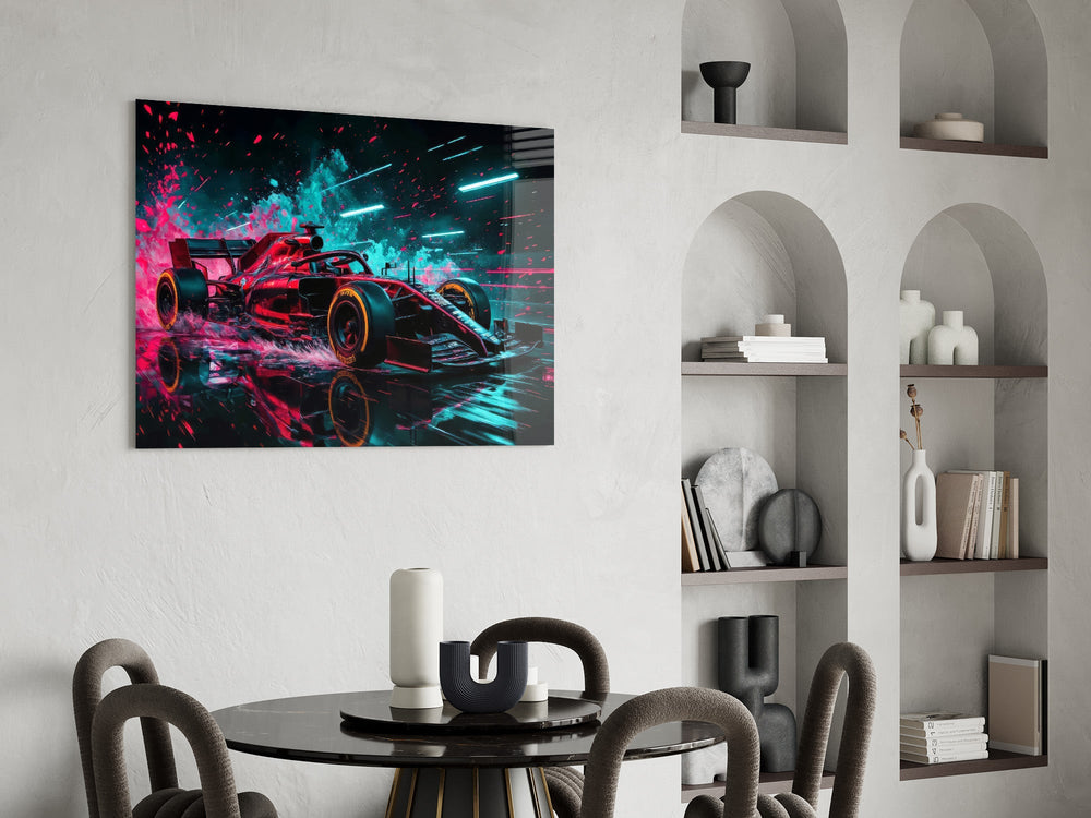 red open-wheel race car with cyan light streaks glass wall art leaning beside a dark leather sofa
