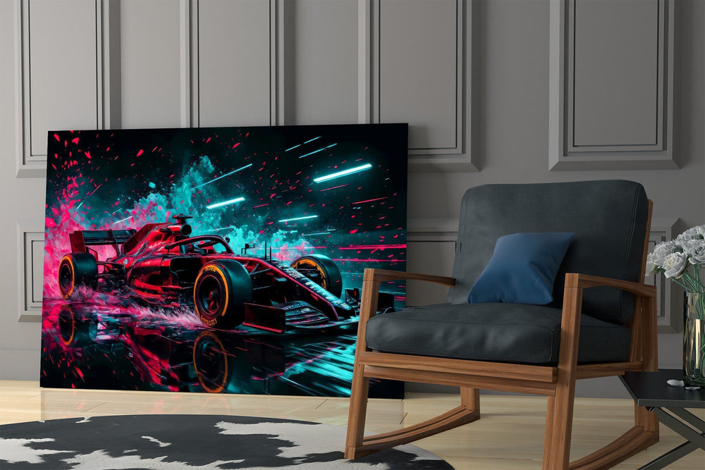 red open-wheel race car with cyan light streaks panel resting in a shelving niche in a modern interior