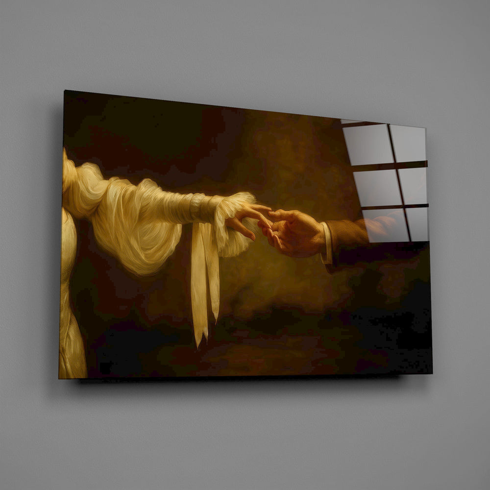 two hands reaching in golden light glass wall art angled to show the polished tempered glass panel