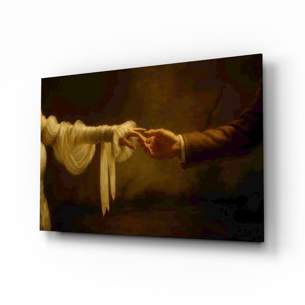 Golden Light Reaching Hands Romance Glass Wall Art - Lifestyle preview in a designer interior