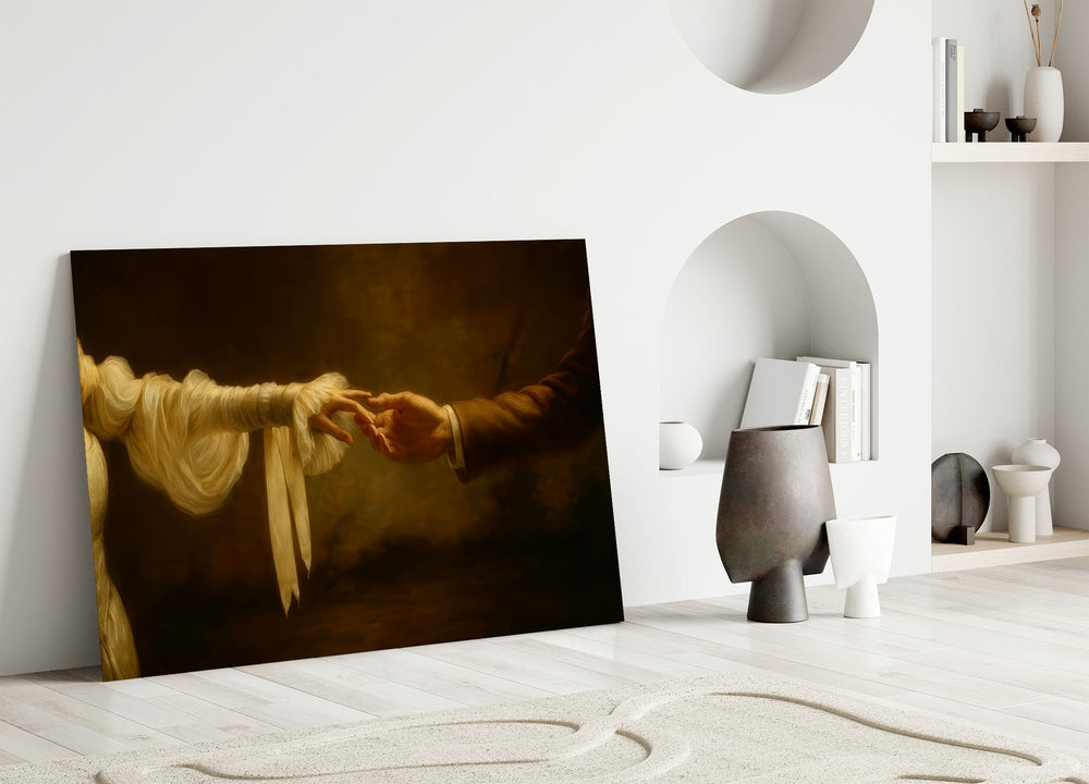 two hands reaching in golden light panel bringing character to a minimalist living room wall