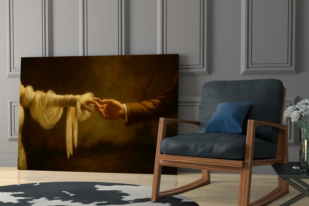 two hands reaching in golden light panel resting in a shelving niche in a modern interior