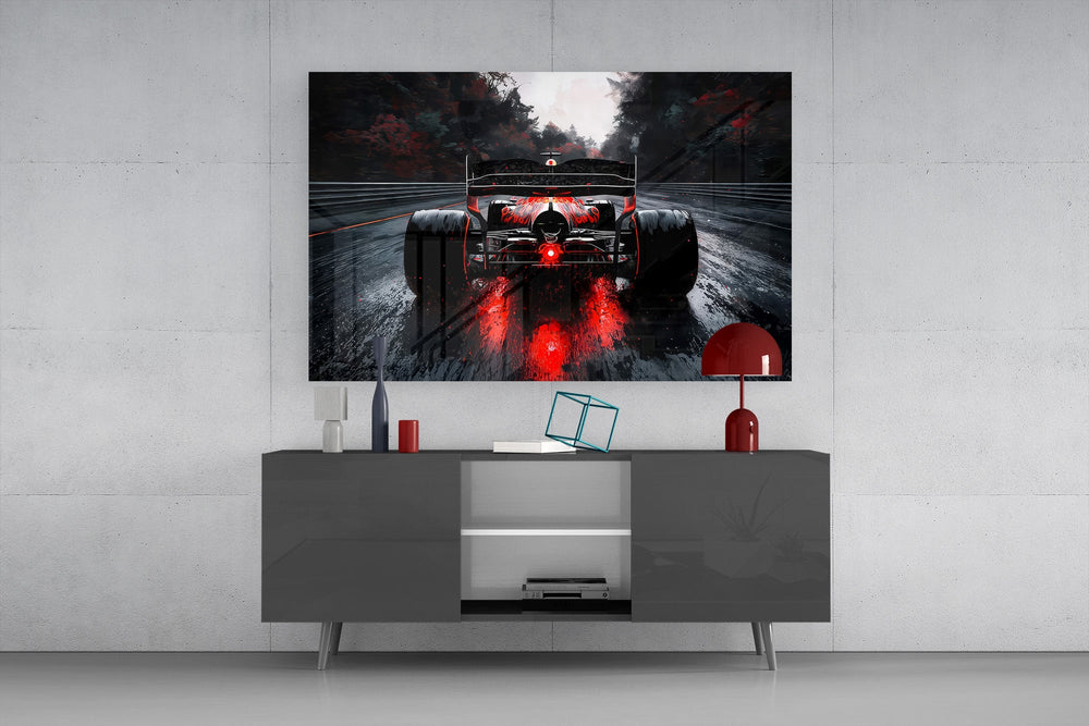 open-wheel race car from behind on a wet track glass wall art styled in an atmospheric room setting