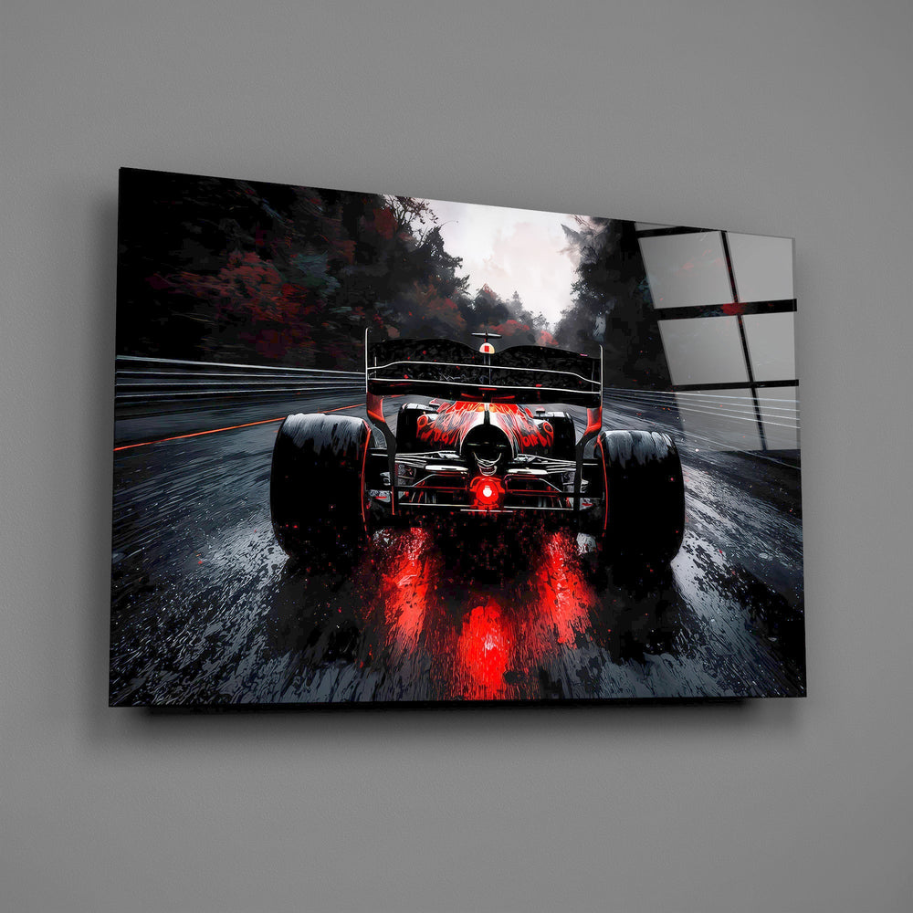 open-wheel race car from behind on a wet track glass wall art angled to show the polished tempered glass panel