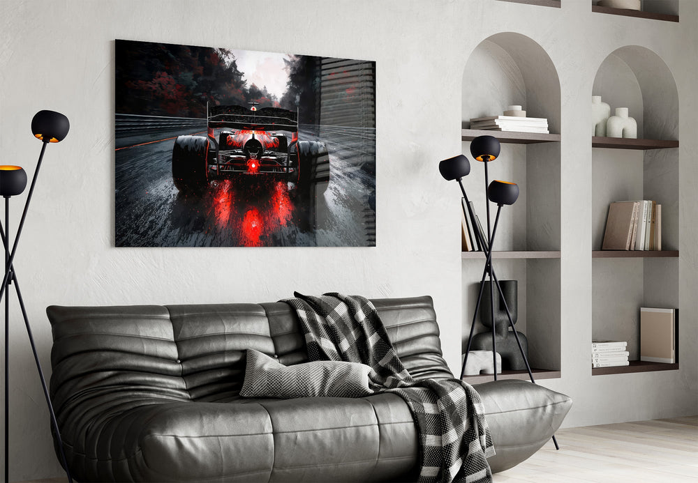 open-wheel race car from behind on a wet track glass wall art styled above an armchair in a reading corner