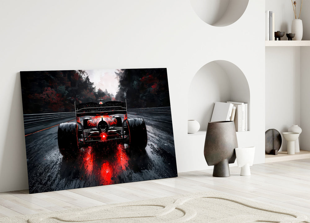 open-wheel race car from behind on a wet track panel bringing character to a minimalist living room wall