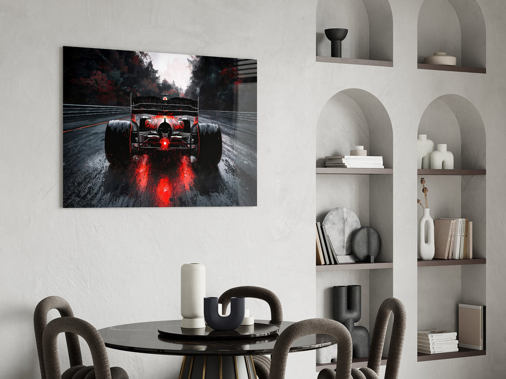 open-wheel race car from behind on a wet track glass wall art leaning beside a dark leather sofa