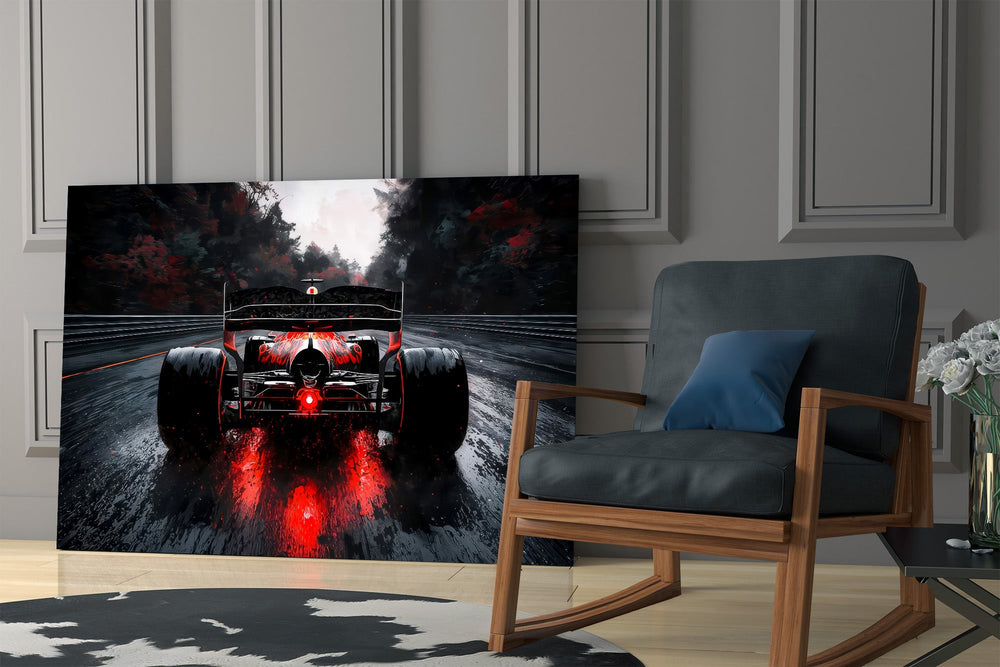 open-wheel race car from behind on a wet track panel resting in a shelving niche in a modern interior