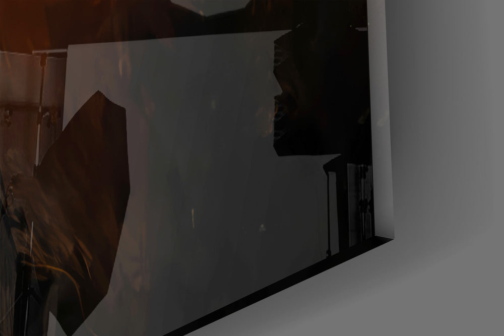 Close-up detail of the outstretched fingers catching the shaft of light on the glass surface