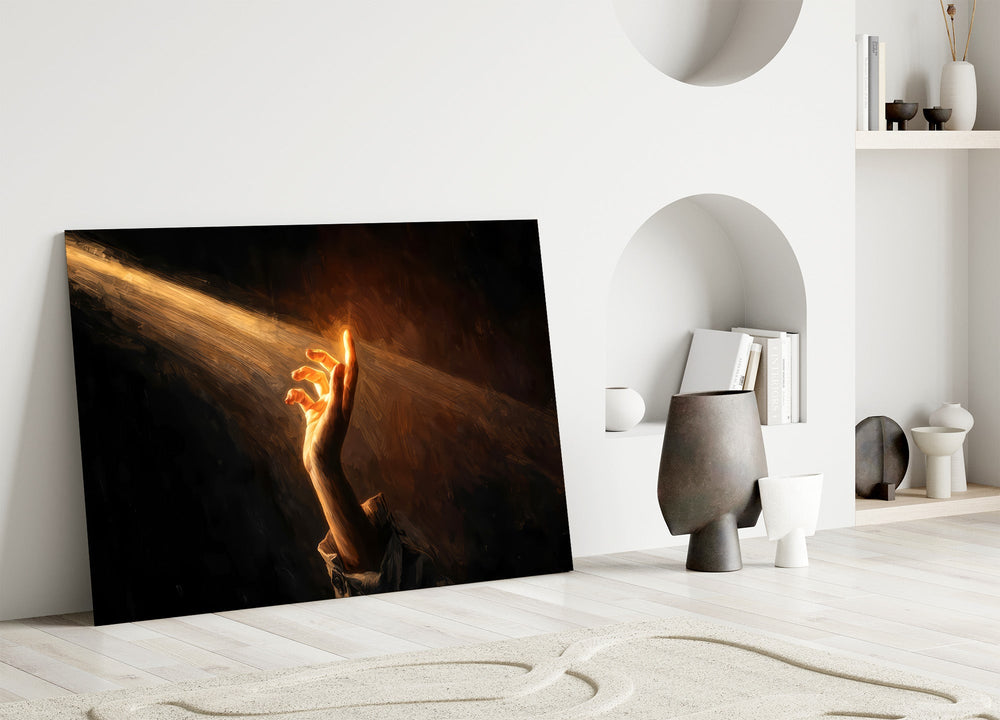 a hand reaching into a golden light beam panel bringing character to a minimalist living room wall