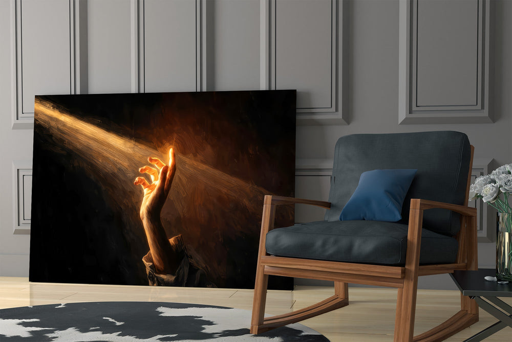 a hand reaching into a golden light beam panel resting in a shelving niche in a modern interior