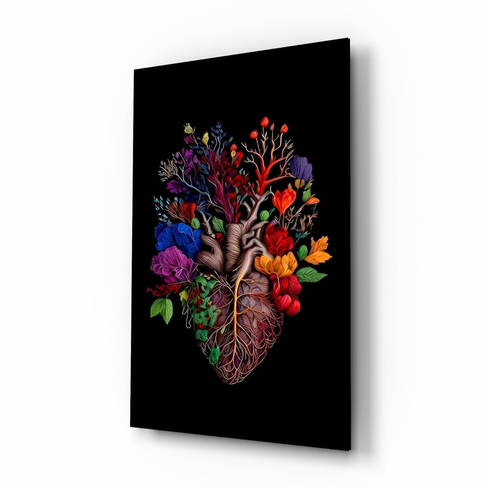 Floral Anatomical Heart Multicolor Glass Wall Art - Lifestyle preview in a designer interior