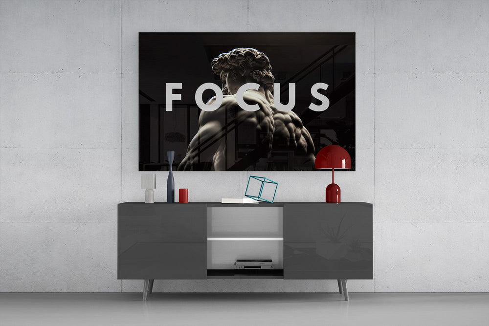 focus classical marble statue glass wall art styled in an atmospheric room setting