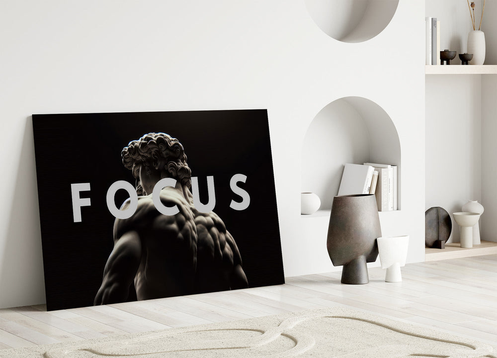 focus classical marble statue panel bringing character to a minimalist living room wall