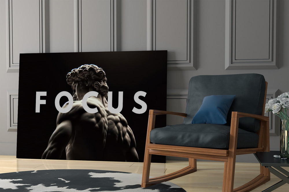 focus classical marble statue panel resting in a shelving niche in a modern interior