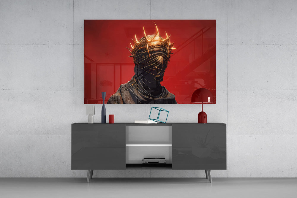 faceless figure with a glowing thorn crown glass wall art styled in an atmospheric room setting