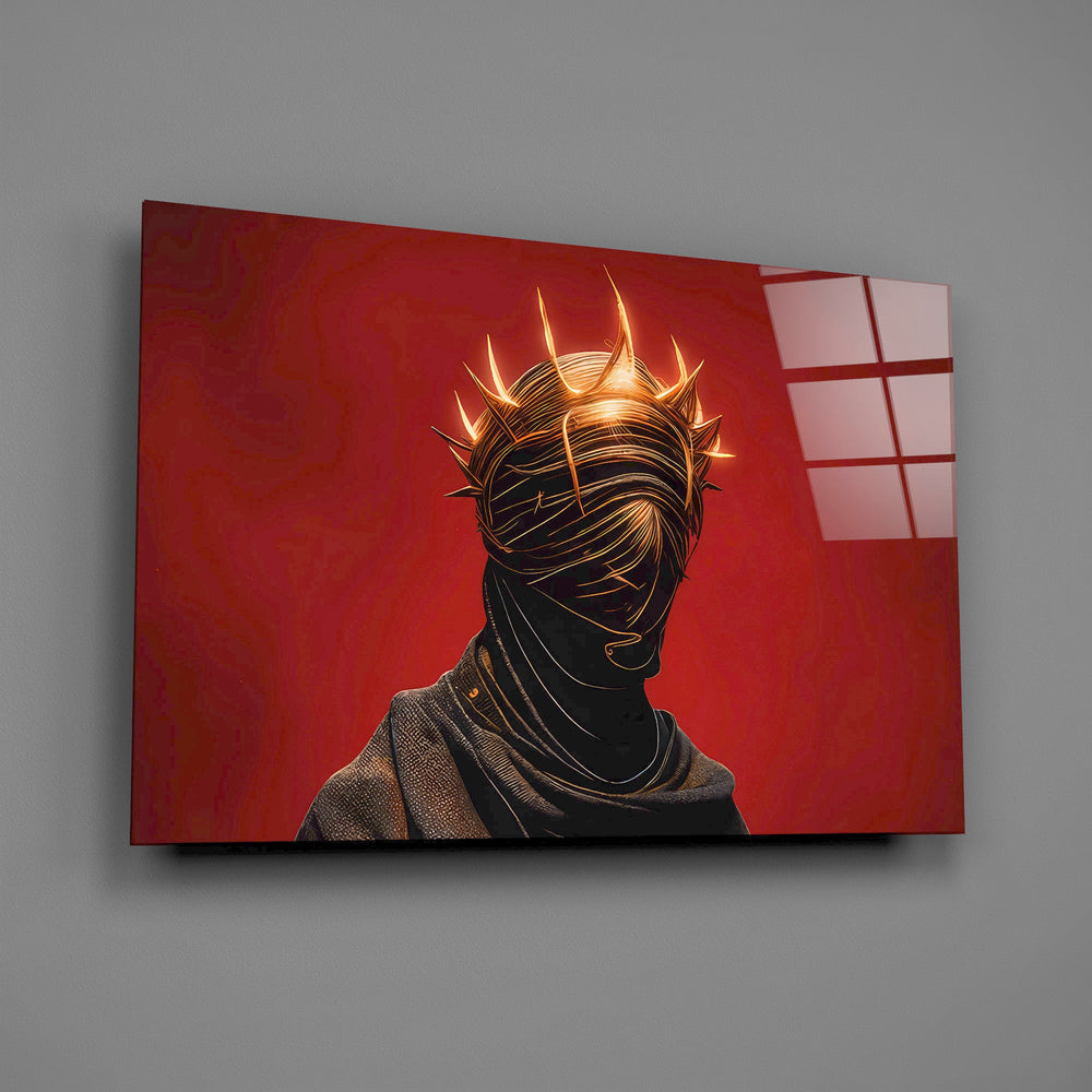 faceless figure with a glowing thorn crown glass wall art angled to show the polished tempered glass panel
