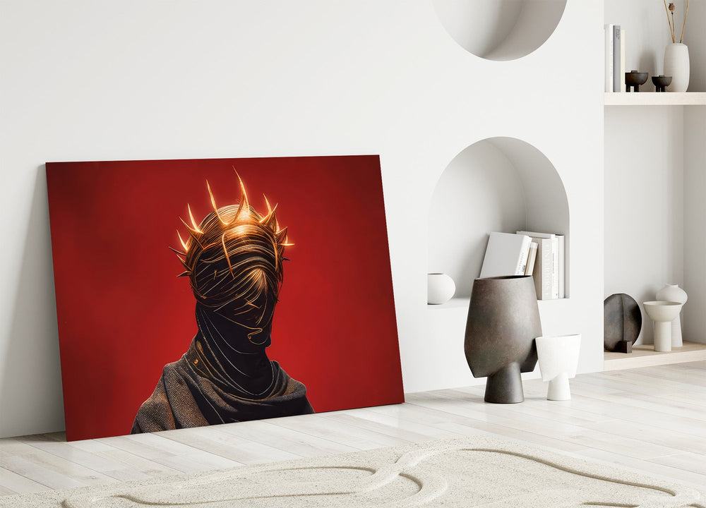 faceless figure with a glowing thorn crown panel bringing character to a minimalist living room wall