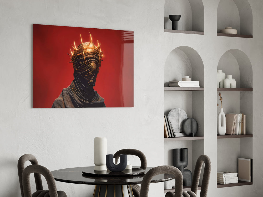 faceless figure with a glowing thorn crown glass wall art leaning beside a dark leather sofa