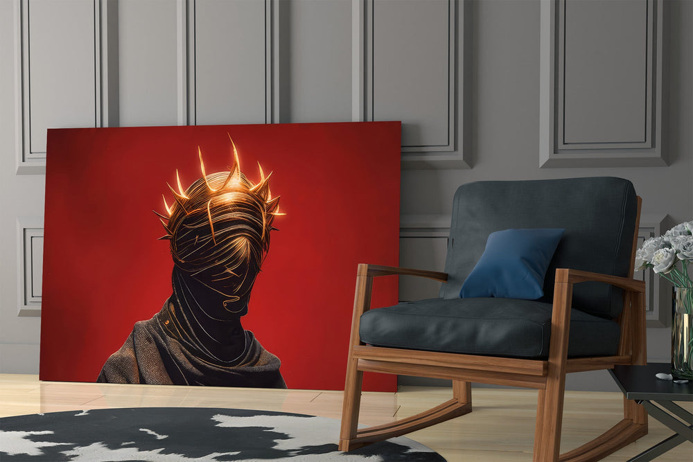 faceless figure with a glowing thorn crown panel resting in a shelving niche in a modern interior