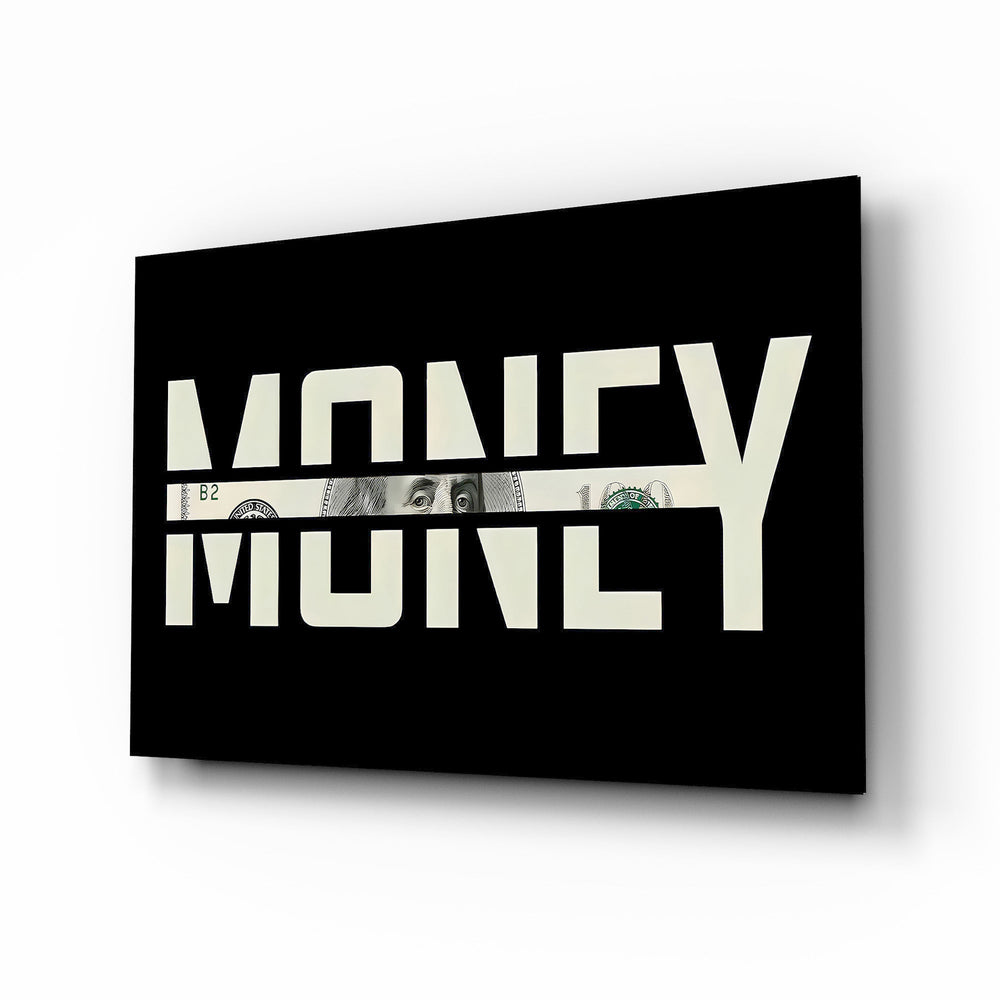 Money Typography Hundred Dollar Bill Glass Wall Art - Lifestyle preview in a designer interior