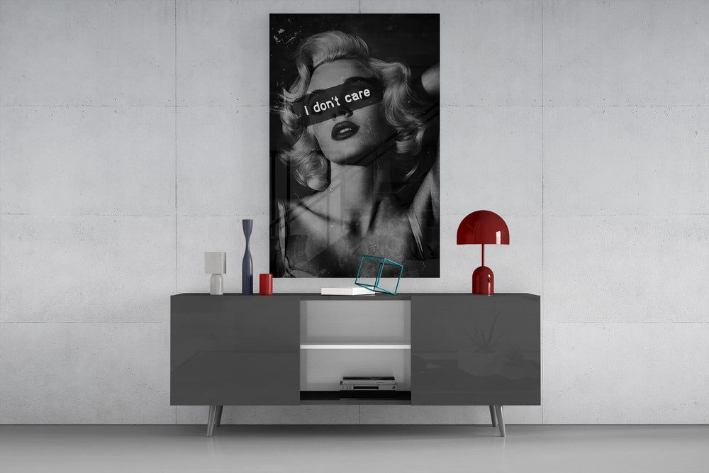 vintage blonde bombshell portrait glass wall art styled in an atmospheric room setting