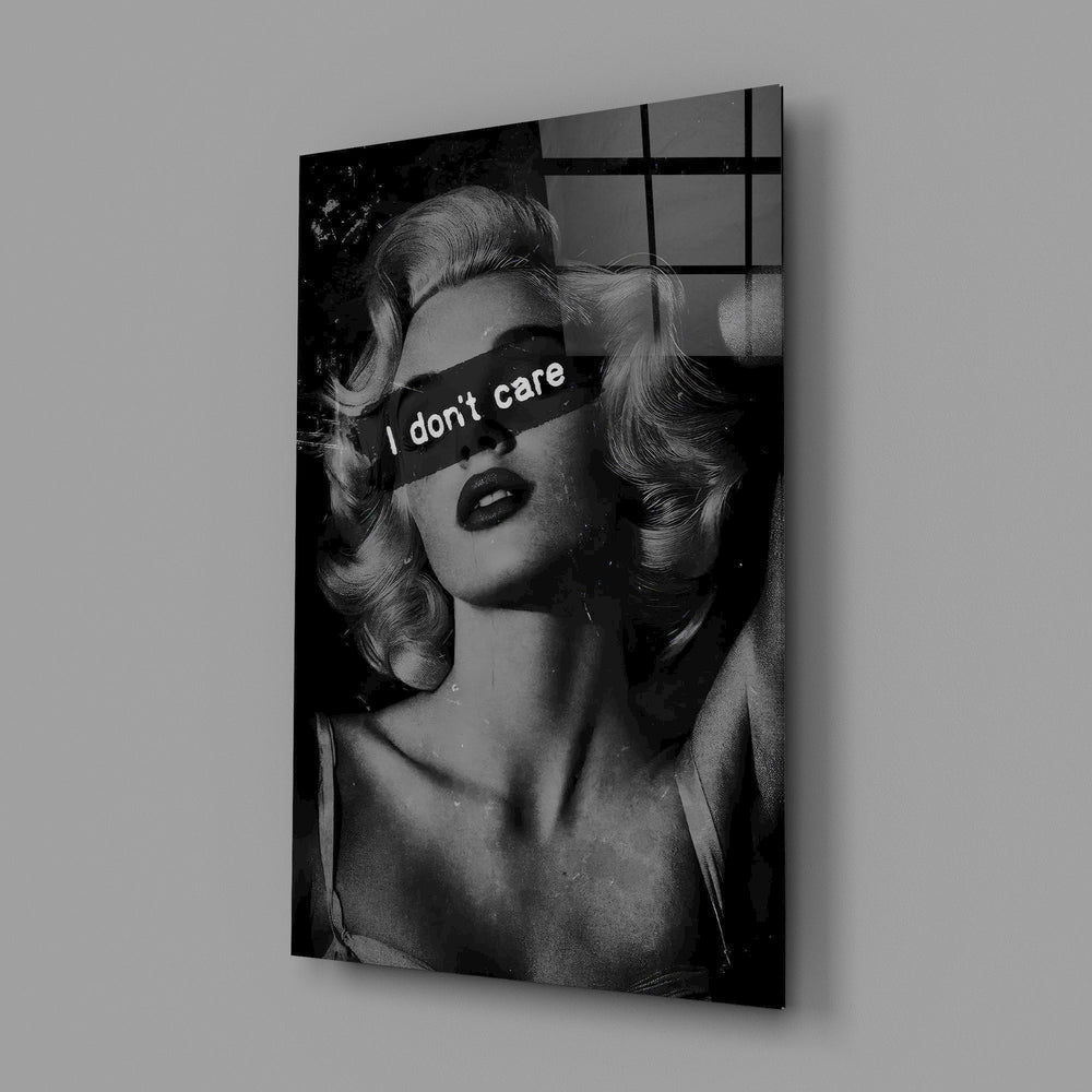 vintage blonde bombshell portrait glass wall art angled to show the polished tempered glass panel