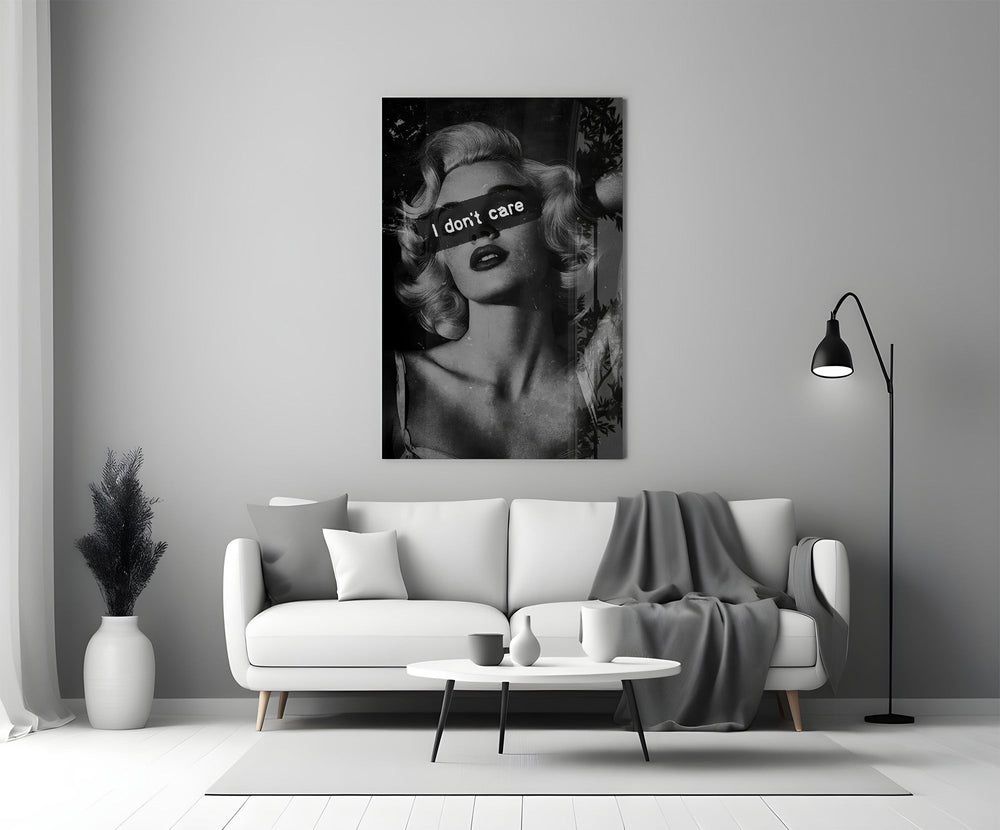vintage blonde bombshell portrait panel bringing character to a minimalist living room wall