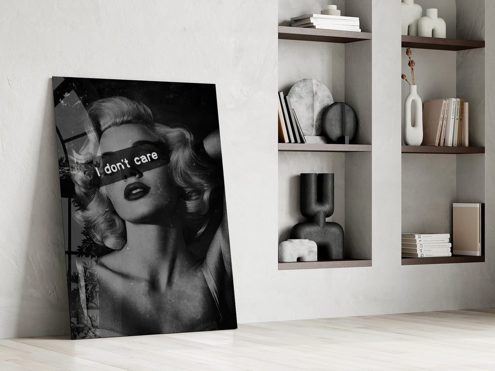 vintage blonde bombshell portrait panel resting in a shelving niche in a modern interior