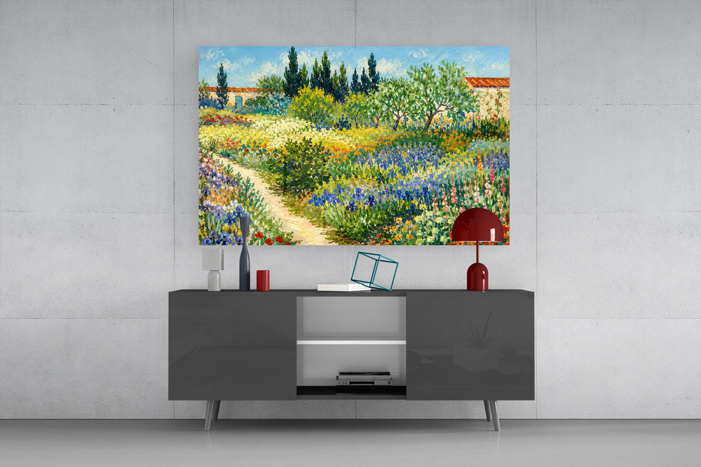 impressionist flower garden with a path glass wall art styled in an atmospheric room setting