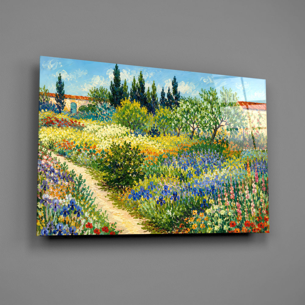 impressionist flower garden with a path glass wall art angled to show the polished tempered glass panel