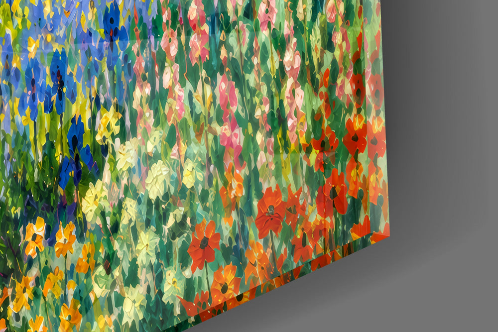 Close-up detail of the blue iris borders and tall cypress trees on the glass surface