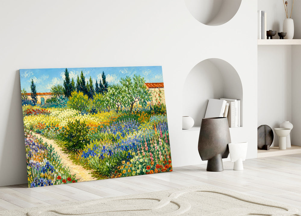 impressionist flower garden with a path panel bringing character to a minimalist living room wall