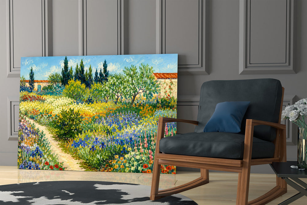 impressionist flower garden with a path panel resting in a shelving niche in a modern interior