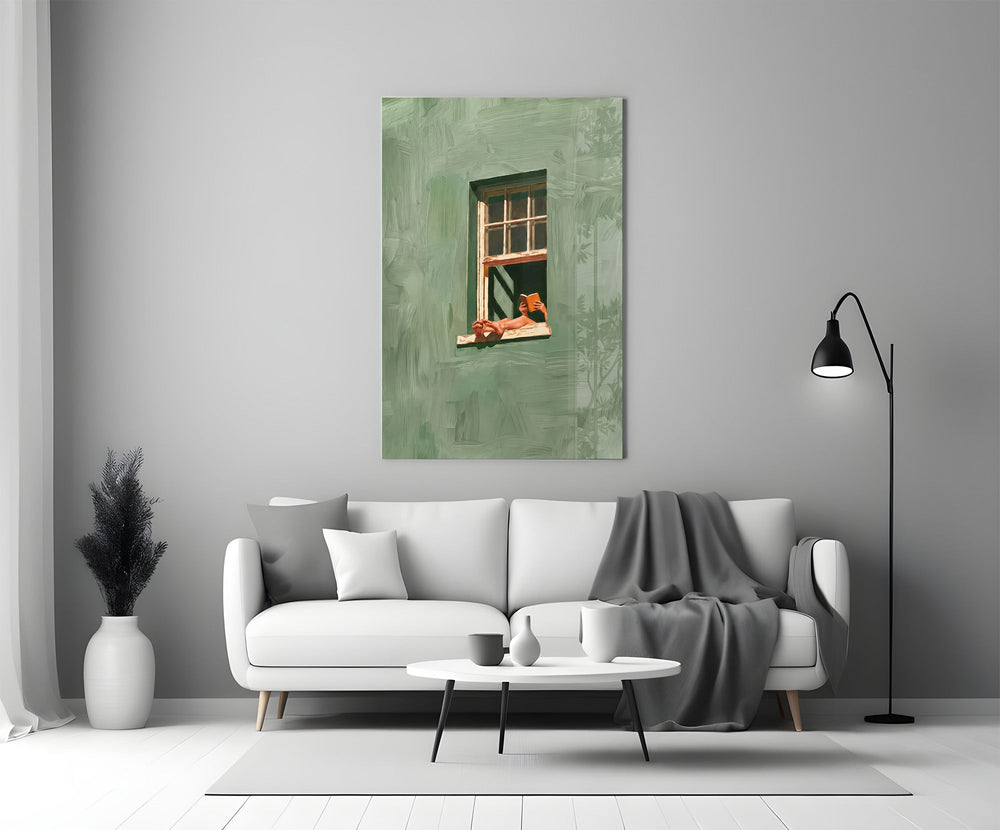 a reader lounging on a windowsill panel bringing character to a minimalist living room wall