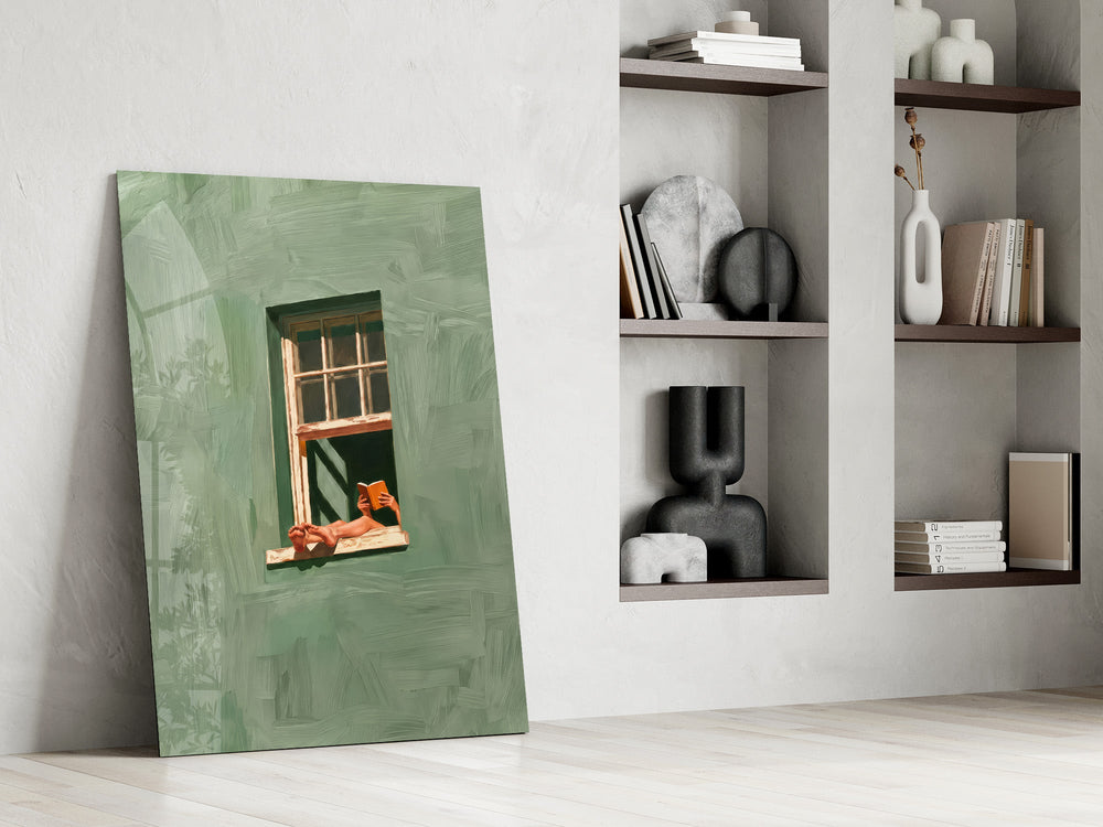 a reader lounging on a windowsill panel resting in a shelving niche in a modern interior