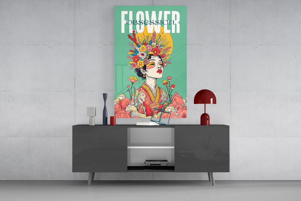 a woman crowned with wildflowers glass wall art styled in an atmospheric room setting