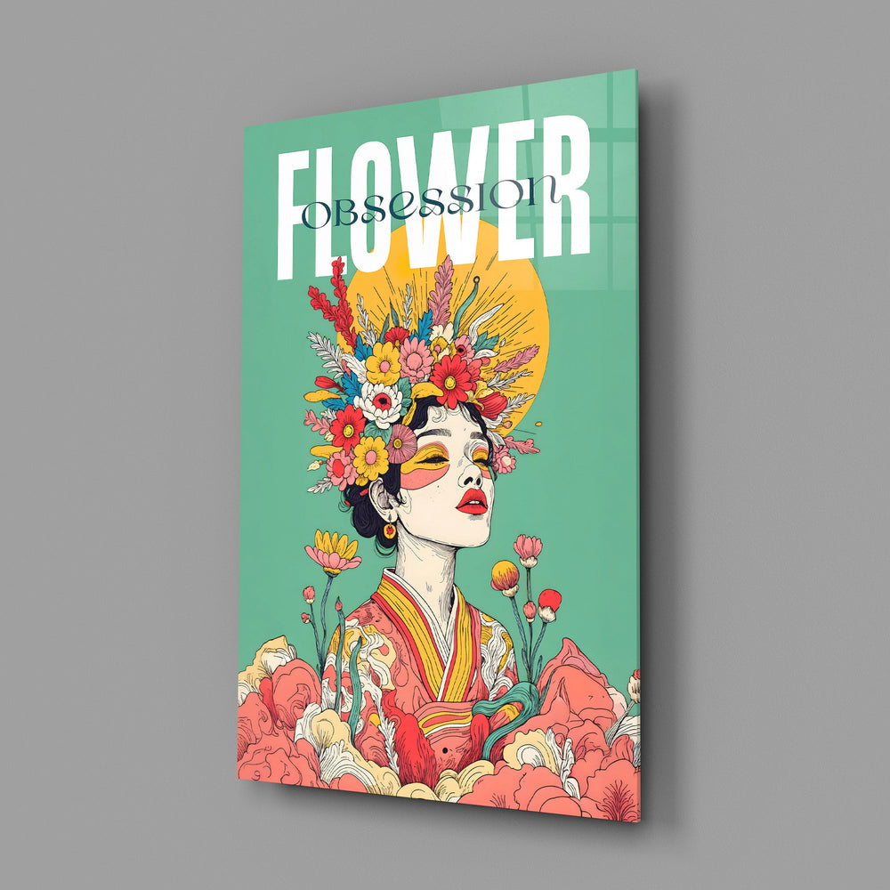 a woman crowned with wildflowers glass wall art angled to show the polished tempered glass panel